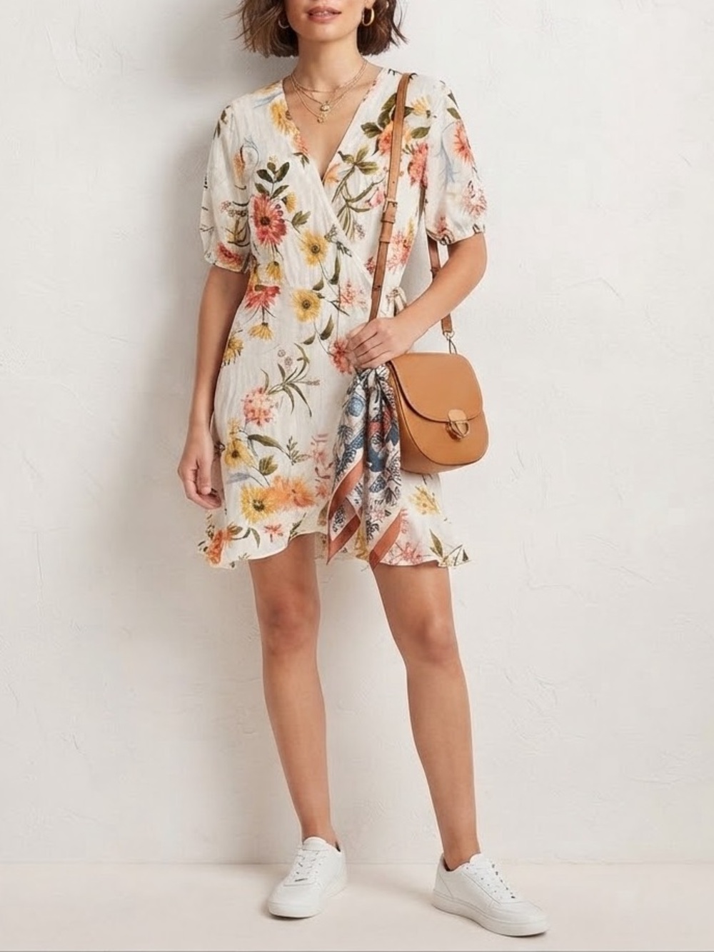 LOFT White Floral Wrap Mini Dress with Pink & Yellow Blooms